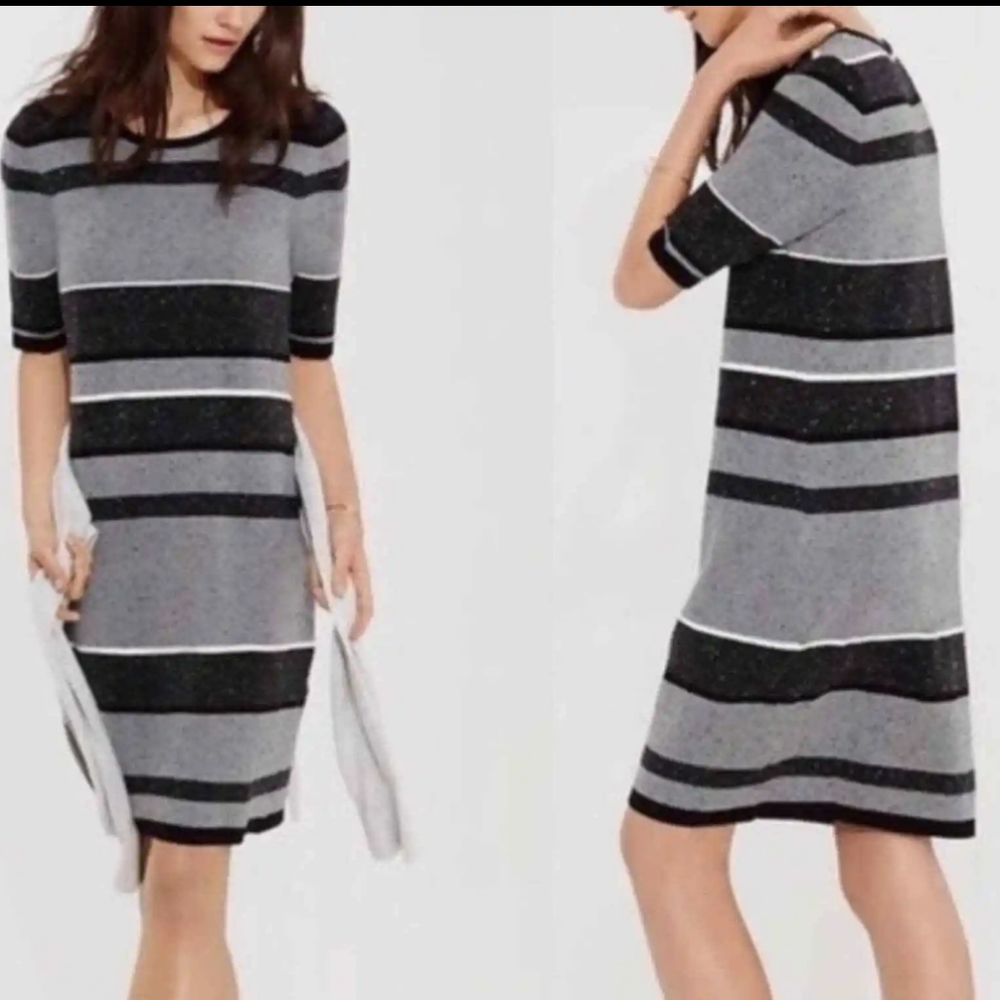 Lou & Grey Black Gray Speckled Horizontal Striped Dress